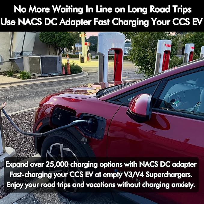 NACS to CCS Adapter for Fast Charging CCS1 EV in Tesla V3/V4 Supercharger, Max 500A 1000V NACS DC Adapter for Road Trip Charge Backup, Dual Locks for Sturdy Secure Connection