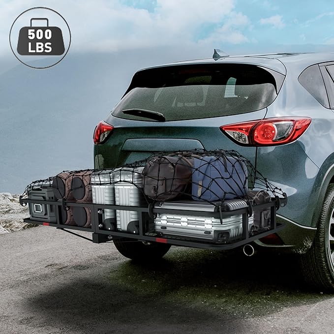 Wildroad Hitch Cargo Carrier Basket Combo 60" x 24" x 6" 500 LBS Folding Trailer Hitch Cargo Carrier Fits 2" Receiver with 18.2 Cubic feet Cargo Bag, Hitch Stabilizer, Cargo Net and Ratchet Straps