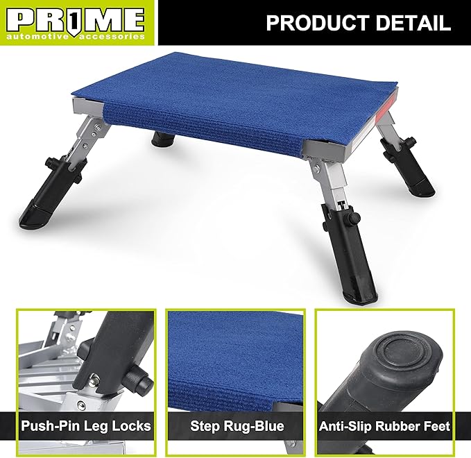 PR1ME Safety RV Steps, 19" x 14.5" Extra Large RV Step Stool with Glow, Camper Step Stool, Non-Slip Folding Step Stool and Ladder for RV, with 100% Polyester Step Rug RV Stair Cover, Up to 600lbs