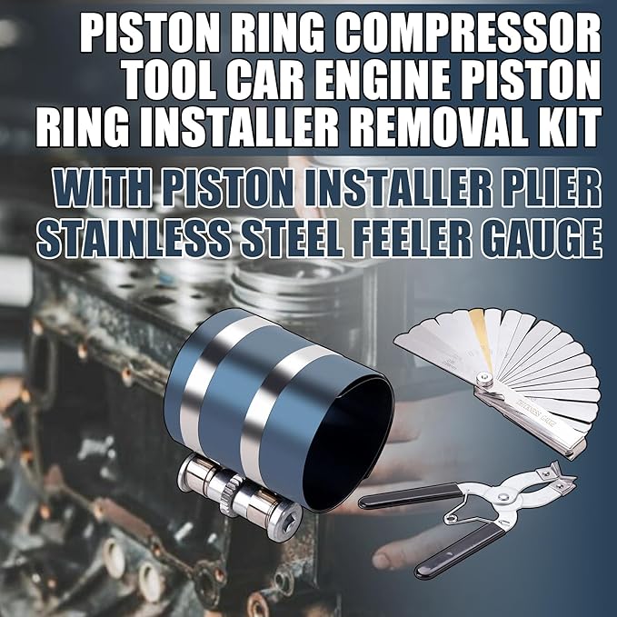 Piston Ring Compressor Tool Car Engine Piston Ring Installer Removal Kit Adjustable Sizes From 2-1/8 Inches To 7 Inches，with Piston Installer Plier and Stainless Steel Feeler Gauge