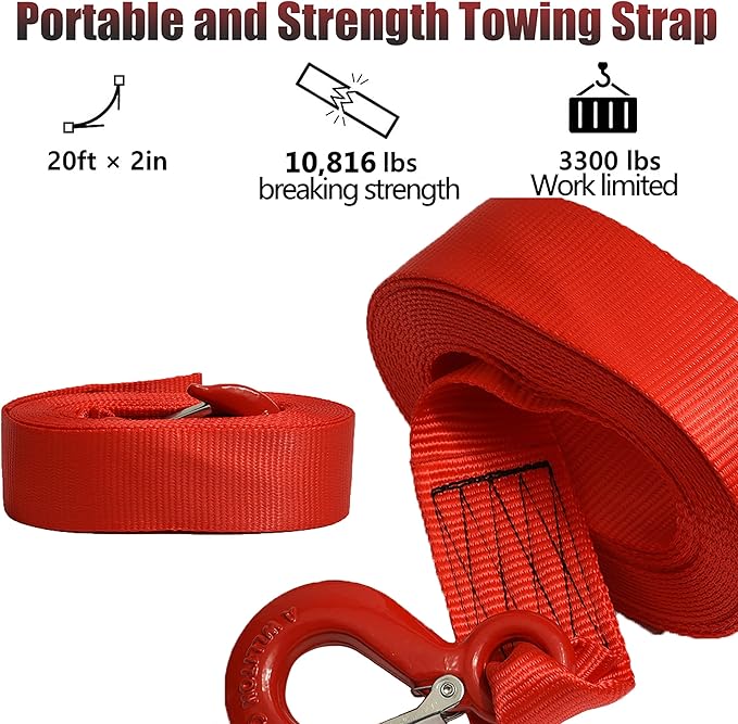 Boat Trailer Winch Strap With Hook 2" x 20' - 10,816lbs Breaking Strength Heavy Duty Hand Crank Replacement for Jet Ski, Automotive Towing