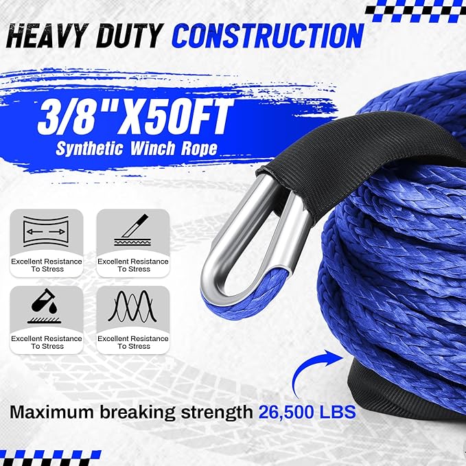 Blue Synthetic Winch Rope 3/8'' x 50ft 26, 500 Lbs Synthetic Winch Line Cable Rope with Protective Sleeve for Off Road Vehicle 4WD SUV Truck ATV UTV SUV