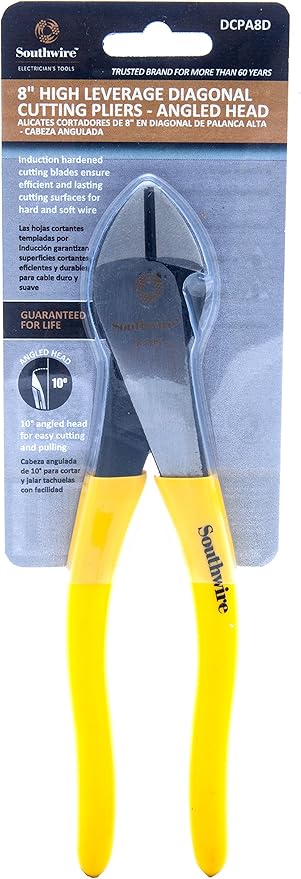 Southwire DCPA8D 8" Angled Head High-Leverage Diagonal Cutting Pliers with Dipped Handles; Yellow