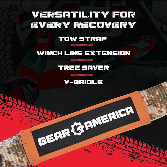 GearAmerica Heavy Duty 3"x20' Tow & Winch Strap - 35,053lbs Tree Saver, Break Strength Recovery Rope for Offroad & Towing - Weather Resistant, Triple Reinforced Loops (Camo) - Tow Strap