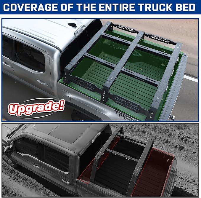 Overland Bed Rack for Full Size Truck 10.5" Bed Rack with 3 LED Lights Compatible with Ford/Dodge Ram/Toyota Tundra/Nissan Titan/Silverado(6.5FT) .Bed Rack for Roof Top Tent