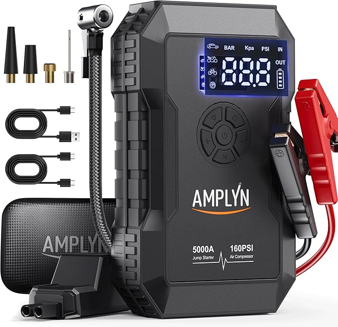 Car Battery Jump Starter with Air Compressor 160PSI,5000A 60W Portable Jump Starter Battery Pack (All Gas/10L Diesel),12V Starter Jump Box with Jumper Cables,Type C Fast Charging,3 Mode Light