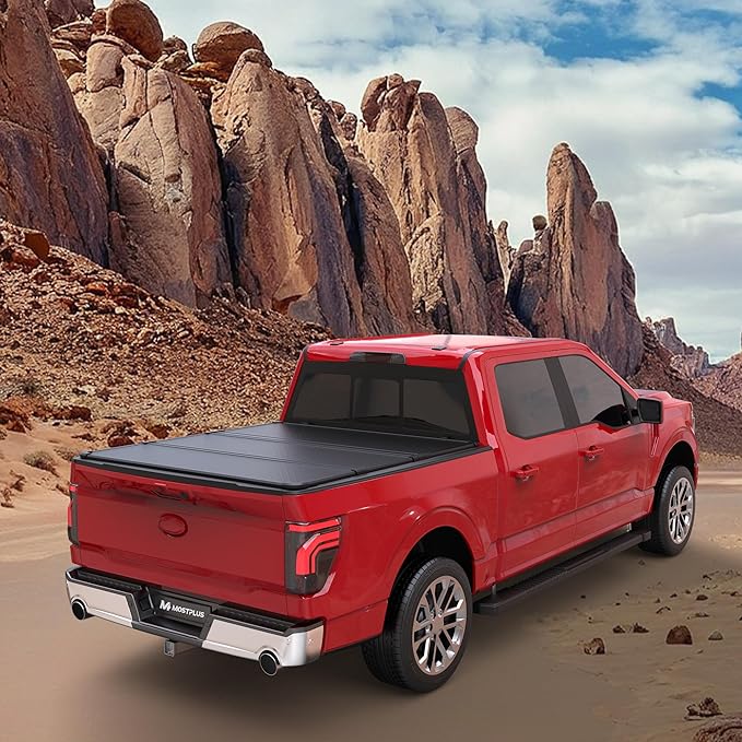 MOSTPLUS Fiberglass Tri Fold Hard Truck Bed Tonneau Cover Compatible with 2015-2024 2025 Ford F150 F-150 Long Bed On Top (6.5 FT Feed Bed)