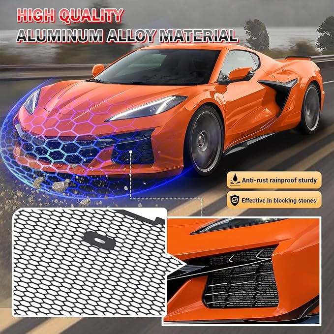 3Pcs Black Upgraded Front Radiator Guards Grille,Aluminum Body Bumper OEM Style Front Outer Grill Guard Protection Screens Grille Vents Insert Mesh Set for Corvette C8 Z06 2023+/E-Ray 2024+