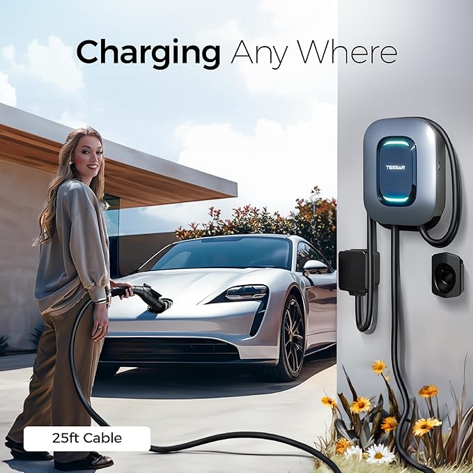 TESSAN Level 2 EV Charger, Hardwired Electric Vehicle Fast Charging Station, 48A/240V Smart Equipment App Control Wi-Fi （Only 2.4Ghz）& Bluetooth, 25ft Cable with Holder for Indoor Outdoor Home