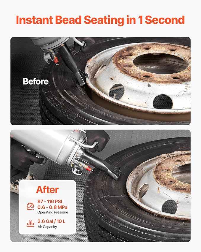 VEVOR Portable Tire Bead Seater, 2.6 Gal/10 L Air Bead Blaster, Handheld Tire Inflator Tool, 87-116 PSI Operating Pressure, Trigger Seating Inflator for Car, Compact SUV, Light Truck, E-Bike, RV, ATV