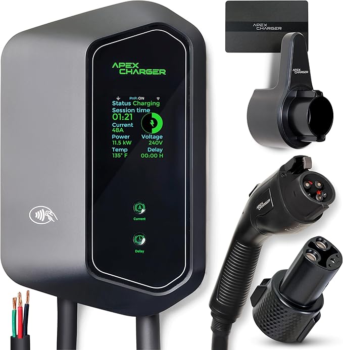 MACH 1: Fast 48 Amp Level 2 EV Charger, Hardwired Wall-Mount EVSE - Electric Vehicle Charging Station with Amp Lock, 200-240V. J1772 Connector Plus Tesla NACS Adapter. Outdoor Rated & a 30ft Cable