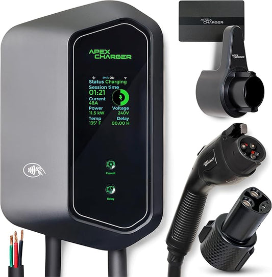MACH 1: Fast 48 Amp Level 2 EV Charger, Hardwired Wall-Mount EVSE - Electric Vehicle Charging Station with Amp Lock, 200-240V. J1772 Connector Plus Tesla NACS Adapter. Outdoor Rated & a 30ft Cable
