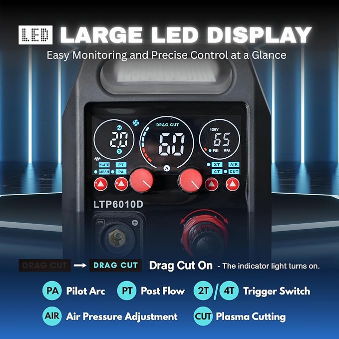 LTP6010D 60A Plasma Cutter, Drag-Cut Ready & Up to 20% Faster, 5/8" Clean (3/4" Sever), Non-Touch Pilot Arc, New-Design Torch, Dual-Voltage 110/220V, LED Panel, Front Regulator