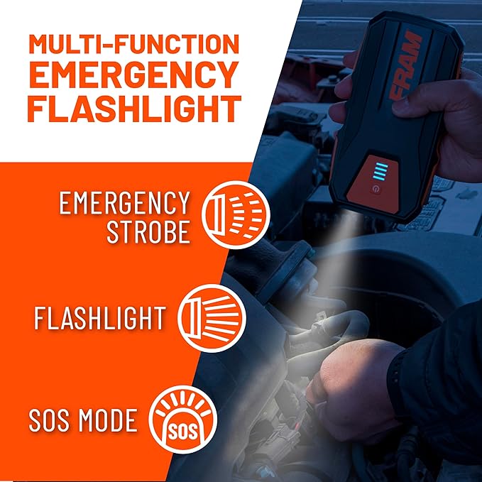 FRAM FEK40008 Car Battery Jump Starter 12000mAh (44.4Wh) Up to 5.0L Gas and 2.0L Diesel Engines, 12V Emergency Car Booster with Jumper Cables, Portable Power Bank and LED Flashlight