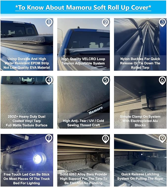 Mamoru Soft Roll Up 6.5' Truck Bed Cover Fit for 1988-2002 Chevy GMC C1500 C2500 C3500 K1500 K2500 K3500 Vinyl Tonneau Cover | Fleetside Only Not for Stepside