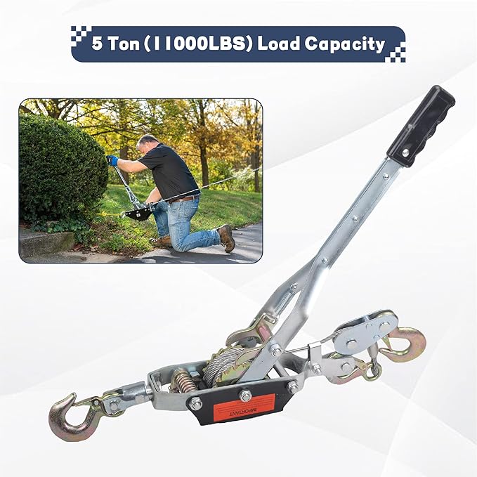 5 Ton Power Puller, 3 Hook Steel Cable Dual Gear Power Ratchet Come Along Winch,Heavy Duty Hand Cable Puller,11,000LBS