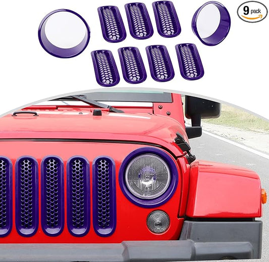 CheroCar for JK Mesh Grille Grill Insert & Headlight Cover Trim Exterior Accessories for Jeep Wrangler JK 2007-2017,Purple…