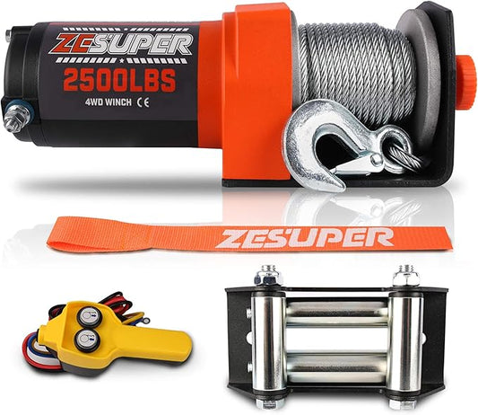 ZESUPER 2500 lb Electric Winch 12V DC 50ft Steel Cable UTV ATV Boat Trailer Winch with Handheld Remote Mounting Plate Waterproof Small Electric Winch ATV Winches Kits
