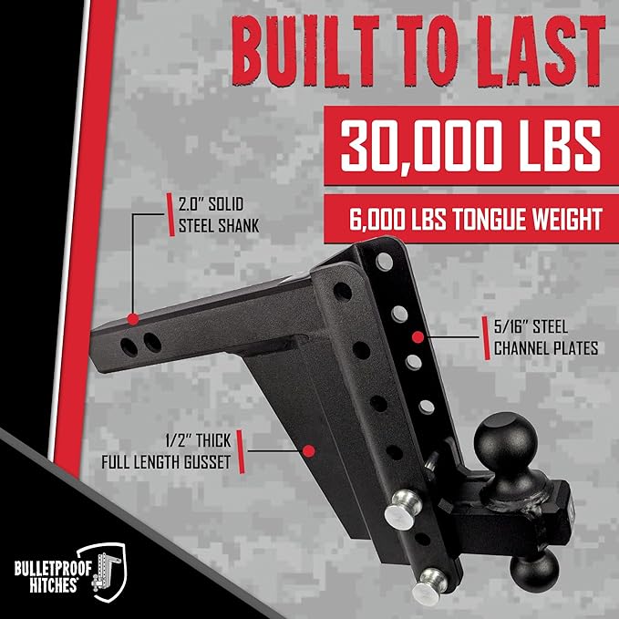 BulletProof Hitches - 2.0" Adjustable Extreme Duty Trailer Hitch (30,000 lb. Rating) - 8" Drop/Rise with 2" and 2 5/16" Dual Ball - Powder Coat, Solid Steel, Corrosion-Resistant