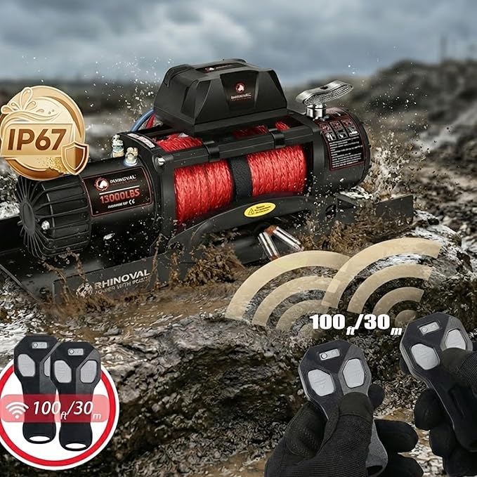 13000lb Winch and Mount Plate Bundle: Synthetic Rope, Wireless Remote, Raised Bolt Pattern Mounting Plate