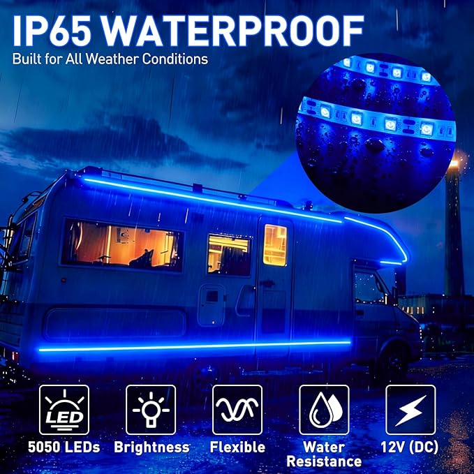 20FT RV Awning Light,12V Blue Camper Awning Lighting,Waterproof LED Strip,Exterior Underglow Lighting for RV Motorhome Travel Trailer Food Truck Outdoor Party