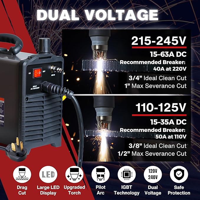 LTP6300DCNC | 63A CNC-Enabled Plasma Cutter, Drag-Cut Enables, Non-HF Blowback Pilot Arc, 3/4" Clean (1" Sever), THC/ARC OK, Dual-Voltage 110/220V, LED Controls, Portable Air Plasma Cutter