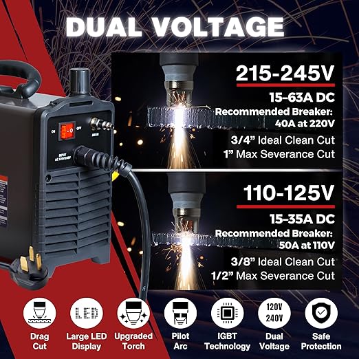 LOTOS LTP6300D 63AMP Non-Touch Pilot Arc Plasma Cutter, Drag Cut Enabled, 3/4" 19mm Clean Cut, 1" 25mm Severance Cut, Non-HF Arc Start Metal Cut Machine, Plasma Cutting Equipment, 110V/220V