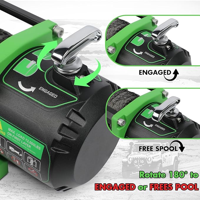 Winch 13000lb Electric Winch 12V Winch with Synthetic Rope Car Trailer Winch with Green Hawse Fairlead Wireless Remote and Wired Handle for Truck SUV Jeep