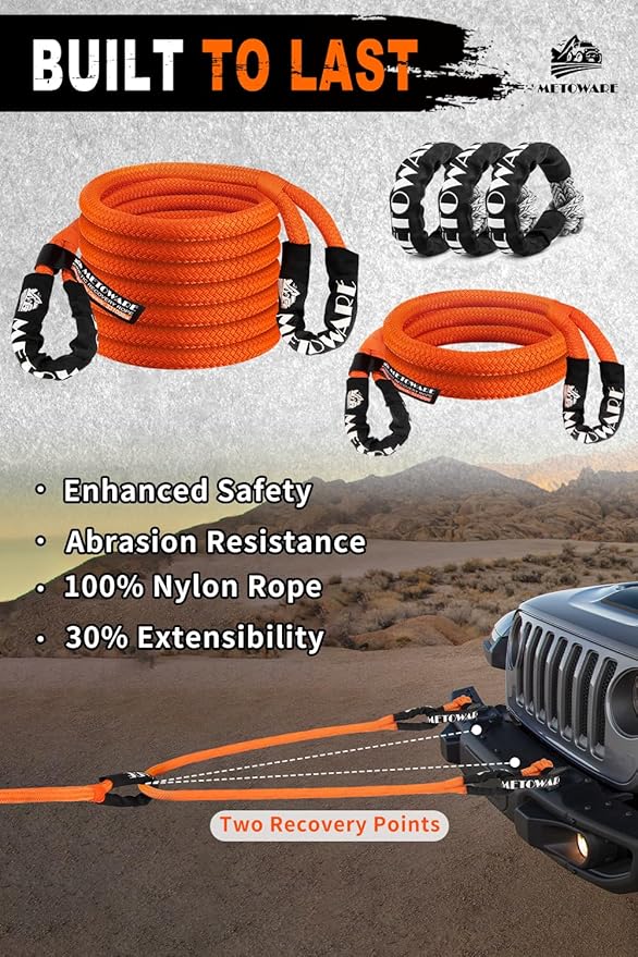 METOWARE Recovery Kit, Kinetic Recovery Rope (1'' x 10ft + 1'' x 20ft) 35,000 LBS with 1/2inch x 22 Inch Soft Shackles, Tow Rope Recovery Kit for UTV, ATV, Truck, Car