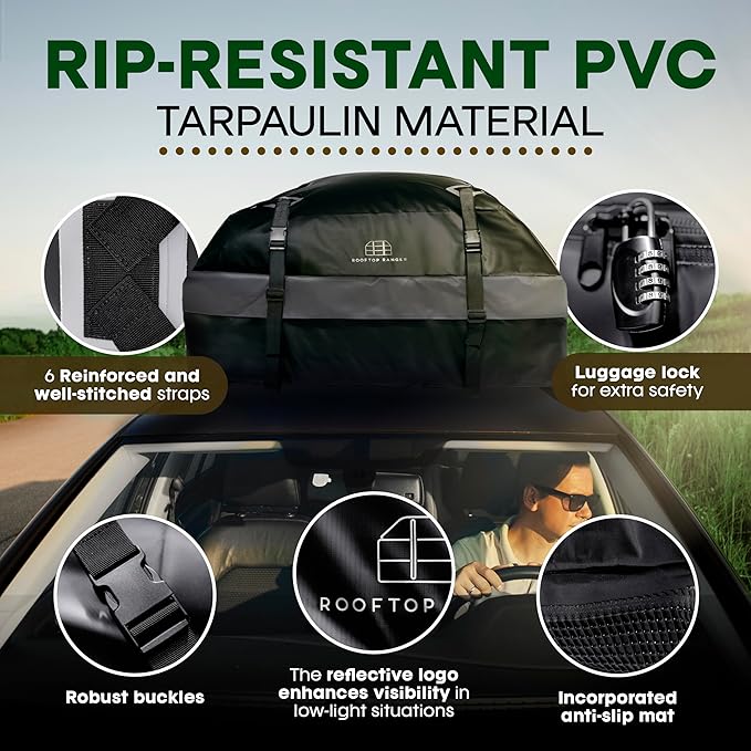 21 Cubic Feet Car Rooftop Soft Shell Cargo Carrier, 100% Waterproof - Car Storage for All Vehicle with/Without Racks - Attached Anti Slip Mat, Storage Bag, 6 Door Hooks and 6 Straps