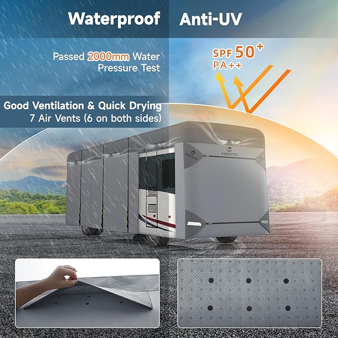VINPATIO Class A RV Cover Extra Thick 7 Layers Top, Fits 34'-37' RV, Heavy Duty Windproof Waterproof Class A Motorhome Cover with 2 Extra Long Straps, Gutter Covers