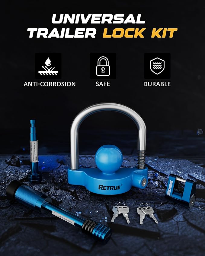 RETRUE Keyed Alike Trailer Lock Set Tow & Store Lock Kit Include Universal Coupler Lock & Dual Hitch Receiver Pin Lock & Trailer Tongue Lock, Blue