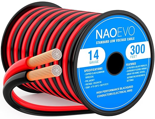 NAOEVO 14 Gauge Wire 300FT, 2 Conductors Electrical Wire Red Black Cable, Flexible/Low Voltage/PVC 14 AWG Copper Clad Aluminum Extension Cord for Speaker, LED Strips, Automotive 12V/24V DC