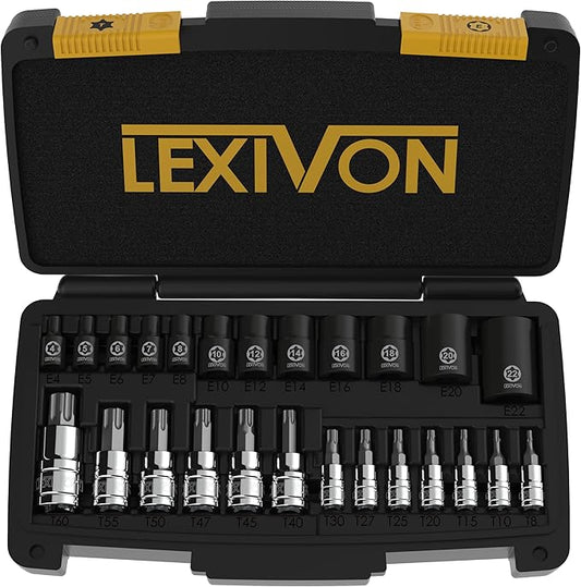 LEXIVON Master Torx Bit and Socket Set, Premium S2 Alloy & Cr-V Steel | 25-Piece, Bit Socket T8-T60 & E-Torx E4-E22 | Heavy-Duty Storage Case (LX-148)