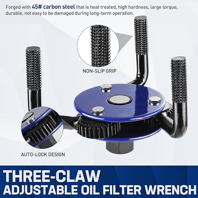 WORKPRO Magnetic Adjustable Oil Filter Wrench, Universal 3-Jaw Removal Tool 3"–5" (76–130mm), Auto Lock Design, Heavy Duty Oil Filter Wrench for Car, Truck, SUV, Motorcycle Oil Changes