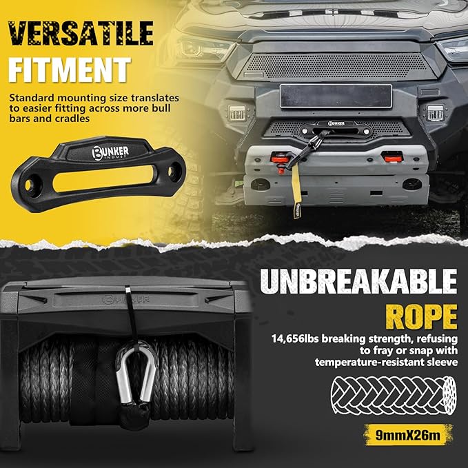 BUNKER INDUST 13000lb Electric Winch 12V Waterproof with Synthetic Rope Fairlead for Truck SUV,DT Socket and a Terminal in Control Box Ready for Added Appliances,Wire and Wireless Remote Control