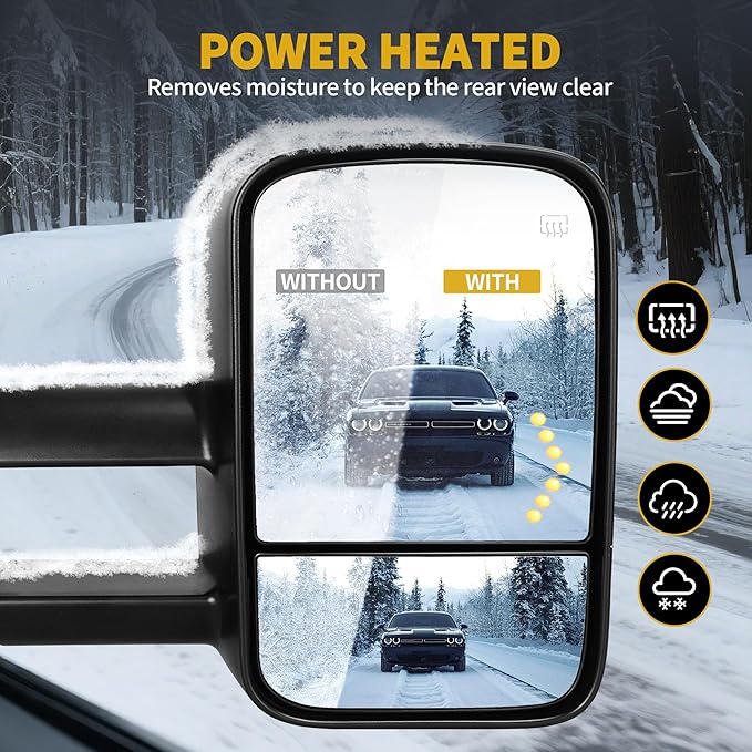 DWVO Power Heated Tow Mirrors for 2007-2014 Chevy Silverado GMC Sierra, Replacement Mirror Set with Turn Signal, Dual Glass, and Telescoping Design, Black