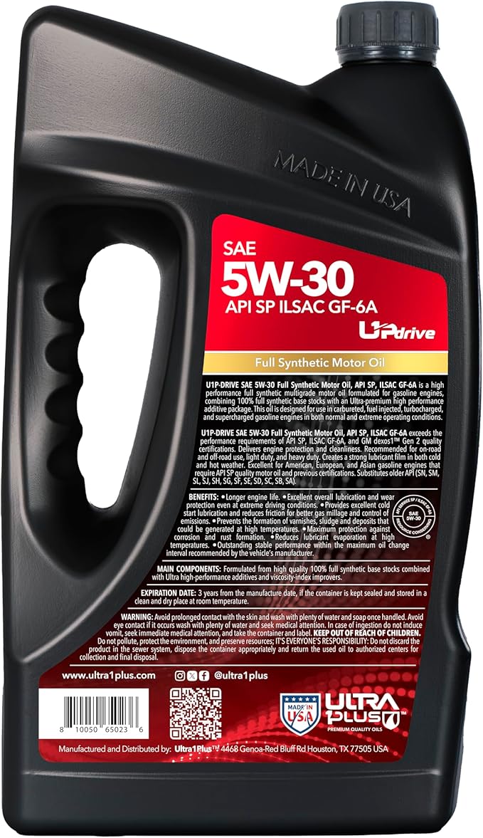Ultra 1Plus SAE 5W-30 Full Synthetic Motor Oil API SP ILSAC GF-6A - 5W30 motor oil, 5 QTS Jug