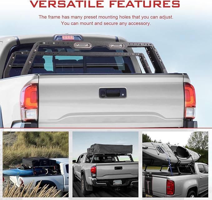 Bed Rack Overland Racks Truck Cargo Carrier with 2 LED Light Bars Compatible with Ford F-150/F-250/F-350, Ram 1500/2500/3500, Chevy Silverado, GMC Sierra, Toyota Tacoma,Tundra, Sequoia, Titan