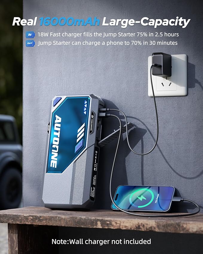 AUTOONE M4 Jump Starter 8000A Car Battery Jumper Starter Portable, 12V Jump Pack (All Gas/12L Diesel) Jump Box for Car Battery with Built-in Booster, Storage Case, LED Light, Jumper Cables