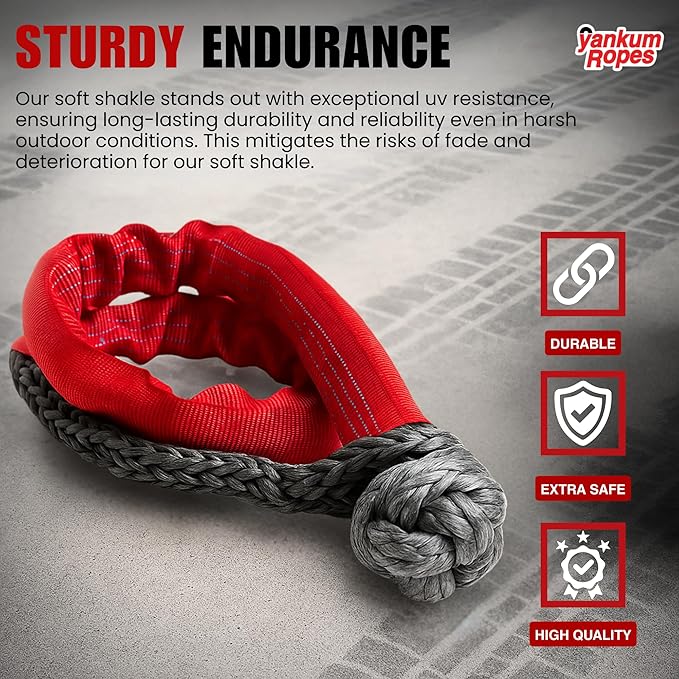Yankum 7/16" Soft Shackle with Red Chafe Sleeve - Synthetic Recovery, Heavy Duty Tow Shackle, Soft Shackles for Towing, Off-Road Recovery Gear, Made in USA