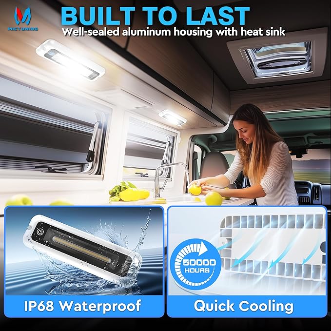 MICTUNING 8 Inch Interior RV Porch Light, LED Utility RV Awning White 6000K, Smart Touch Screen, Indoor IP68 Waterproof Aluminum for SUV Camper Trailer MPV Boat Home Cabinet Hallway