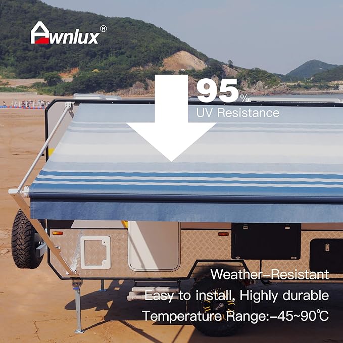 AWNLUX RV Awning Fabric Replacement Waterproof Vinyl Shade Screen for Awnings Camping Universal Fit Fabric Sun Shade UV Sun Blocker Canopy RV Awning Shade Shelter Blue Strip-20'(Fabric 19'2")
