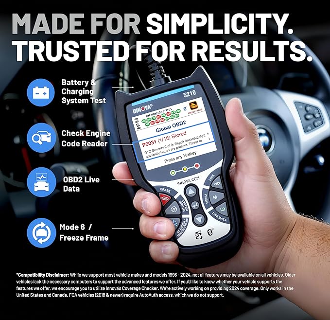 Innova 5210 OBD2 Scanner & Engine Code Reader, Battery Tester, Live Data, Oil Reset, Car Diagnostic Tool for Most Vehicles, Bluetooth Compatible with America's Top Car Repair App