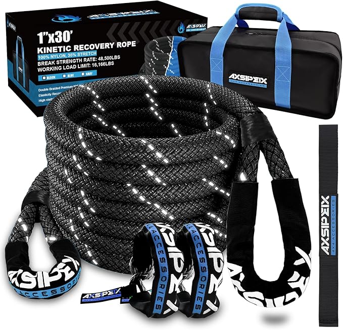 Kinetic Recovery Rope Kit (Reflective), 1in x 30ft 48,500Lbs, 35% High Elasticity, w/ 2 Soft Shackles, 16,166Lbs Work Load Limit for 4x4 Offroad Vehicle, Black