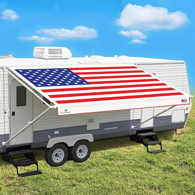 Leaveshade RV Awning Fabric Replacement Motorhome Camper Trailer Awning Fabric Super Heavy Vinyl Coated Polyester 17'3''(Fit for 18' Awning) - USA Flag (Custom Looking)