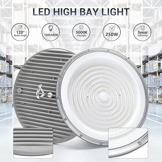 15 Pack 250W UFO Led High Bay Light,120VAC,5000K Daylight Commercial Bay Lighting,IP66 Waterproof,41050LM,1150W MH/HPS with Plug Area Lighting for Warehouse/Shop/Workshop/Barn/Gym/Factory