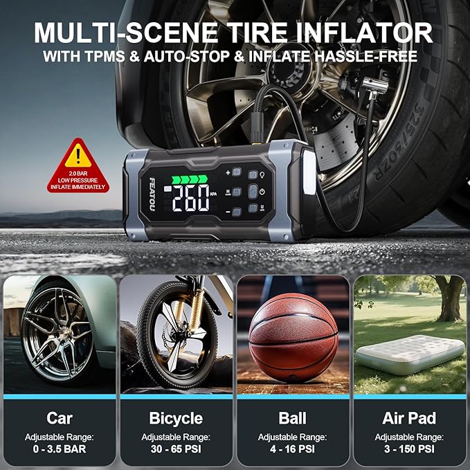 High-Power 9000A Jump Starter with Air Compressor, 12V Car Battery Jump Starter, Portable Jump Box for Car(All Gas/14L Diesel) with Tire Inflator, 30W Fast Charge, Forced Boost, Smart Battery Jumper