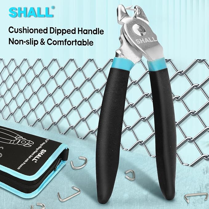 SHALL Bent Hog Ring Pliers Kit with 600pcs Galvanized Hog Rings (3/8’’, 1/2’’, 3/4’’) for Upholstery, Fence, Animal Pet Cages, Bungee Cords, Bagging, Protective Gloves, Storage Case & Bag Included