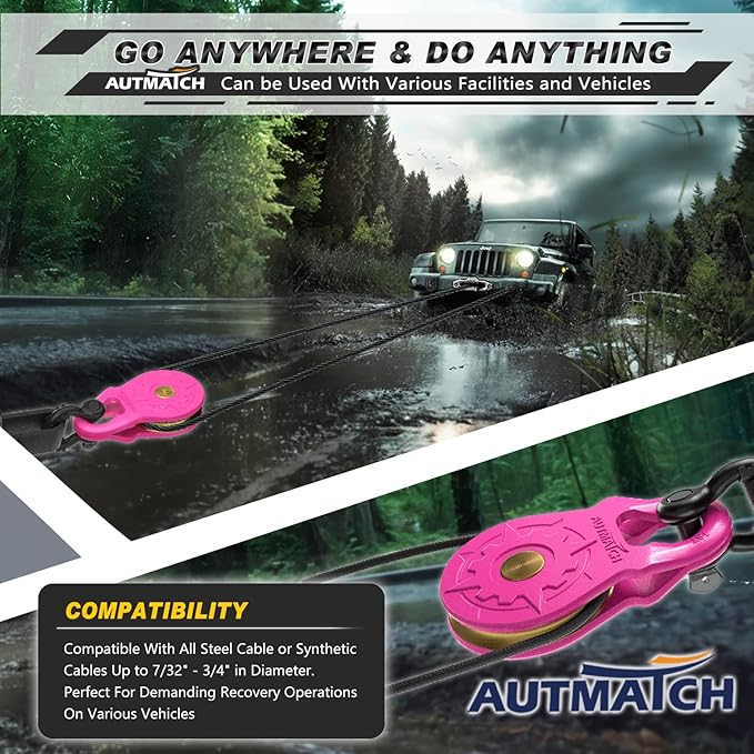 AUTMATCH Winch Snatch Block 18 Ton - Winch Pulley (79,366 Lbs) Break Strength, Heavy Duty Off Road Recovery Towing Pulley Blocks for Synthetic Rope or Steel Cable, Truck, UTV, ATV, Pink
